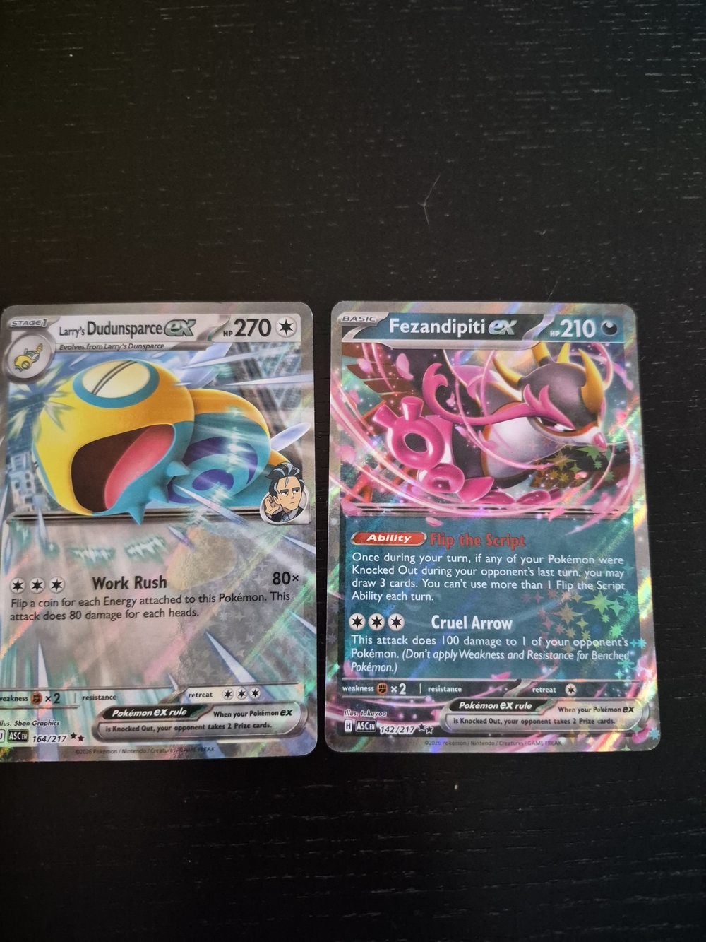Pokemon Holo Dudunsparce GX & Fezandipiti EX Cards - Yellow, Pink, Blue